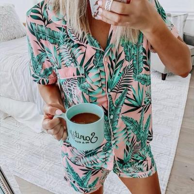 China New Style Women Girls High Quality Cotton QUICK DRY Plus Size Monogram Palm Print Pajamas Shorts Set for sale