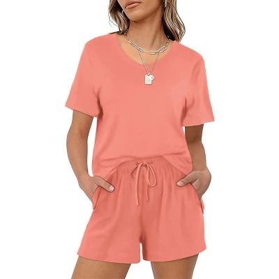 China New Style QUICK DRY V-Neckline Women Short Set With Pockets Solid Two Piece Outfits for sale