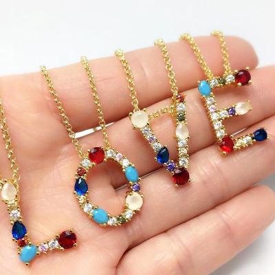 China CLASSIC Women's 18K Gold Plated Initial Alphabet Letter Jewelry Personalized Rainbow Multicolor Letters Initial Pendant Necklace for sale