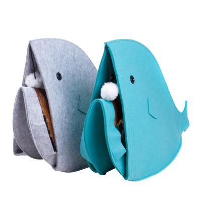 China Travel Foldable Shark Shape Cat Cave Bed With Removable Bed Mat Dangling Ball Toy Non-Woven Felt Fabric Pet House for sale