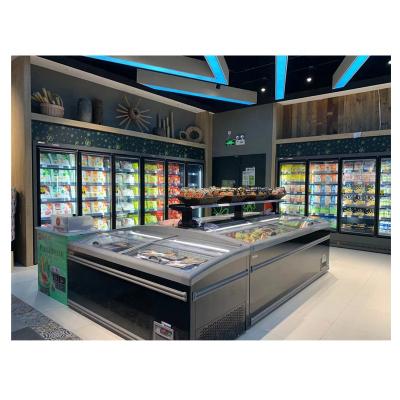 China Commercial Single-Temperature Curve Glass Door Combined Island Supermarket CHEST FREEZER for sale