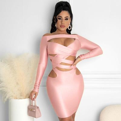 China 2021 Breathable In Stock Autumn Solid Color Long Sleeve Off Shoulder Bodycon Trimming Dresses Mini Hollow Out Mid Waist Women Casual Dresses for sale