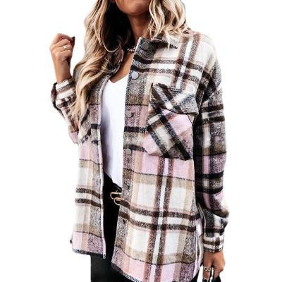 China Hot Sale Winter Anti-wrinkle Vintage Autumn Shacket Knitted Plaid Flannels Shacket Jacket Plus Size Lapel Long Sleeve Women's Shacket for sale