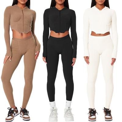 China Anti-pilling in crop top zipper long sleeve clothing ladies 2021autumn skinny two piece pants running top fitness hoodies set women two piece sets for sale