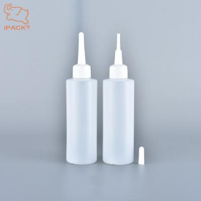 China Chemical 100ml round pe plastic hair oil bottle with long tip spout cap for sale