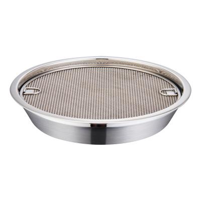 China Food Grade Stainless Steel Grease Strainer BBQ Viable Oil Filter Round Tray And Snack Plate Set Drain Fruit Storage Tray for sale