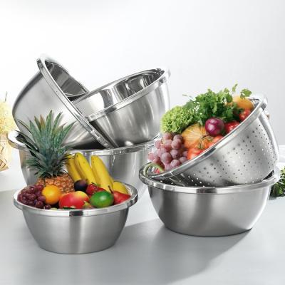 China Sustainable Stainless Steel Mixing Bowl Set Kitchen Tools Basket Fruit and Vegetable Drain Basket Colander Wash Set for sale