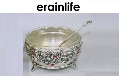 China Silver Home Sugar Bowl / Zinc Sugar Pot With Spoon Flower Pattern for sale