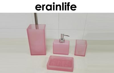 China Pink Bathroom Accessory Set with square lotion soap dispenser / tumbler / soap dish for sale