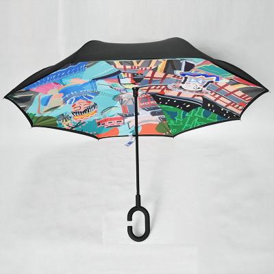 China New Arrival Modern Wind Resistant Hands Free Reverse Inside Out C Handle Double Layer Smart Reverse Upside Down Umbrella for sale