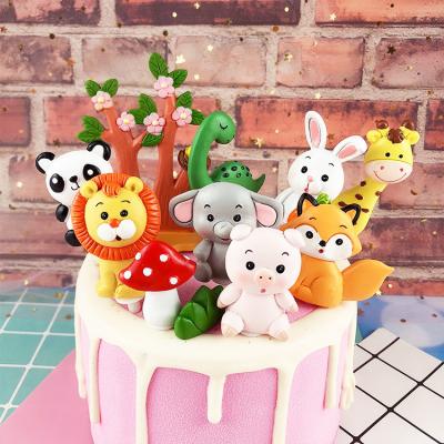 China Soft Cake Topper Kids Happy Birthday Party Deocr Lion Tiger Elephant Giraffe Jungle Safari Decor Clay Woodland Cartoon Animal Cake for sale