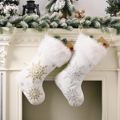 China Fabric Gold White Stamping Snowflake Printed Christmas Stocking Ornaments Christmas Tree Pendant Decoration 2021 Merry Christmas for sale