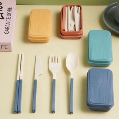 China Hot Selling Viable Wheat Straw Tableware Knife Fork Spoon Chopsticks Three Pieces Set Portable Folding Storage Box Gift for sale