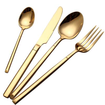 China Sustainable Luxury Gold Silverware Set Wedding Gold Cutlery Sets Electroplate Titanium Table Utensils With Oblique End Handle for sale