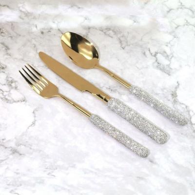 China Stainless Steel Western Tableware Diamond Gold Knife Fork Spoon Disposable Steak Three Piece Set Luxury High Value Gift for sale