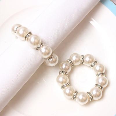 China Pearl Stocked Napkin Rings, Stretched Pearl Rhinestone Beaded Napkin Ring Holder with Elastic, for Dinner Table, Party Decoration for sale