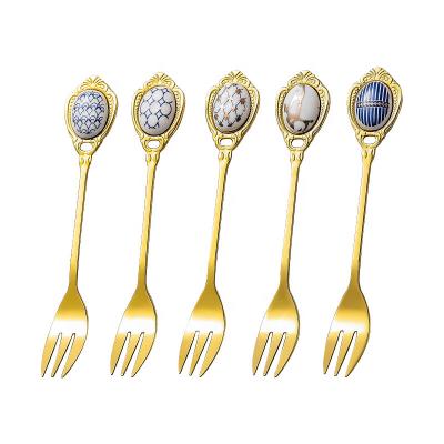 China Stainless Steel Mini Fork Cake Ceramic Tea and Sugar Mixing Cute Viable Fruit Fork Forks Suitable for Families, Tea Party, Bars for sale