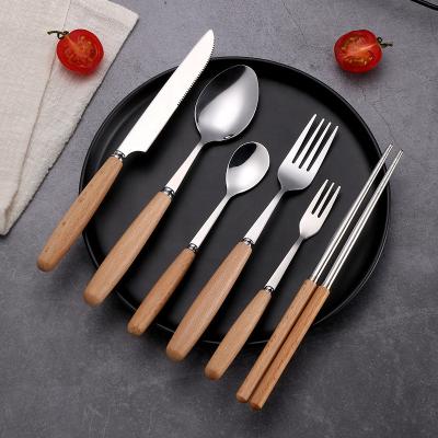 China Viable Wooden Spoon Knife Fork and Chopsticks Stainless Steel Server Set Flatware Dinnerware Handle Cutlery for sale