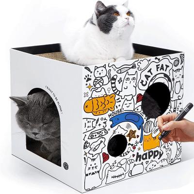 China Sustainable New Design Corrugated Card Board Play Carton Scratcher Paper Home Indoor Cardboard Pet Cat House for sale