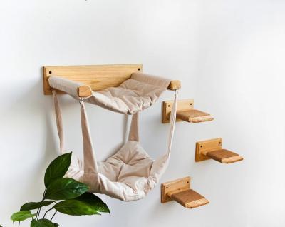 China Stocked Indoor Unique Double Cat Hammock Furniture Condo Bed Wood Cat Wall Shelves With Steps for sale