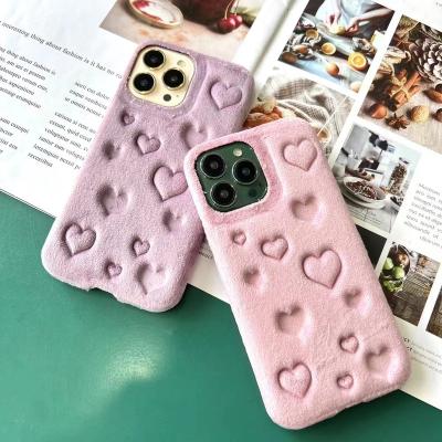 China Designer Fur Fabric Mobile Phone Shockproof Luxury Cute Girl Stereo Shining Heart 3D Phone Case For iPhone 15 14 13 pro 11 max pro for sale