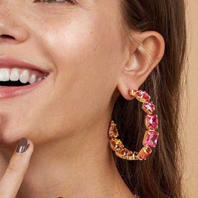 China High Quality Super Glass Big Color Large Crystal Round Hoop Women Earrings Full Exaggeration Jewelry Fashion Gold Charm Popular for sale