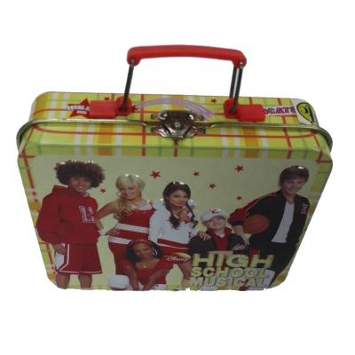 China Cute Recycled Materials Rectangle Tin Box With Handle And Small Hinged Latch for sale