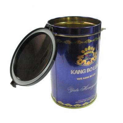 China Recycled Materials Air Tight Good Sealing Round Tea Tin Packaging Box Coffee Metal Plastic With Black Tinplate Recycled Materials Round Shape CMYK for sale