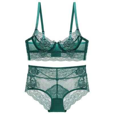 China Li Yan Plus Size Mesh Retro Flower Embroidery Lace Flower Sexy French Style QUICK DRY Underwear Transparent Bra And Panty Set for sale