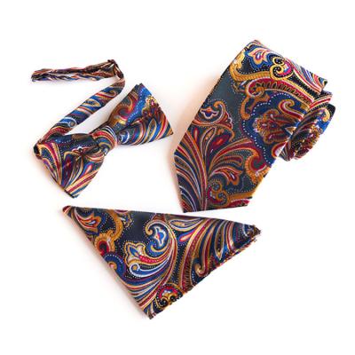 China Classic Striped Paisley Mens Ties And Handkerchief Set Casual Ties With Pocket Square Mens Bow Tie Set Custom Handkerchief Set for sale