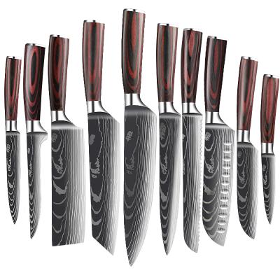 China Viable Exquisite Red Resin Handle Damascus Laser Pattern Chef Knife Santoku Cleaver Slicing Knives Set for sale