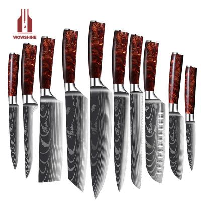 China Viable Exquisite Red Resin Handle Laser Chef Knife Santoku Cleaver Slicing Knives Set for sale