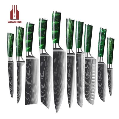 China Viable Exquisite Green Resin Handle Damascus Laser Pattern Chef Knife Santoku Cleaver Slicing Knives Set for sale