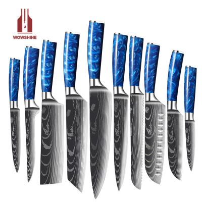 China Viable Exquisite Blue Resin Handle Damascus Laser Damascus Pattern Chef Knife Santoku Cleaver Slicing Kitchen Knives Set for sale