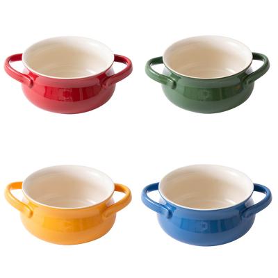 China Customized Viable Binaural Simple Ceramic Noodle Bowl Salad Bowl Double Handle Soup Bowl for sale