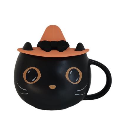 China Viable Mystical Halloween Matte Black Cat Design Ceramic Coffee Mug with Handle and Lid for sale