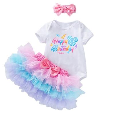 China Anti-wrinkle newborn baby two-piece sets with printing 100%cotton short sleeve and tutu skirt in summer for baby 1st for sale