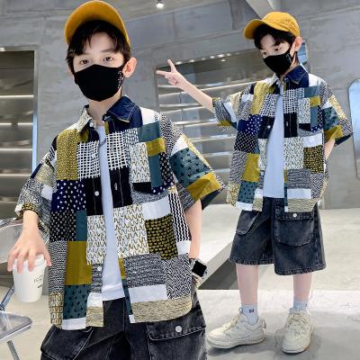 China Casual Shirt Boys Plaid Collar Turn-Down Shirt Short Sleeve Pattern Summer 2023 Sportswear for sale