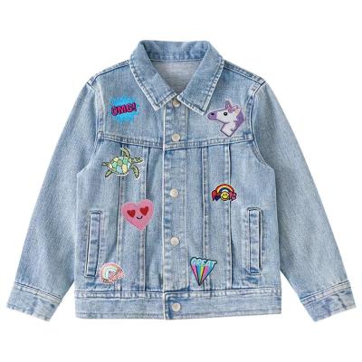 China Wholesale Breathable Light Blue Acid Wash Long Sleeve Embroidery Patch Kids Girls Denim Jackets Custom Made for sale