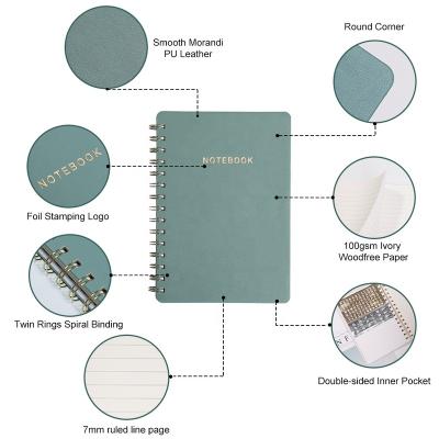 China Low MOQ Morandi A5 Gold Spiral PU Leather College Ordered Composition Notebook for sale