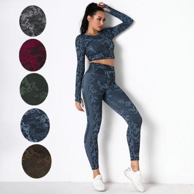 China 2021 Seamless Drop Breathable Women Gym Clothes Workout Fitness High Waist Leggings Long Sleeve Tops Women's Yoga Set for sale