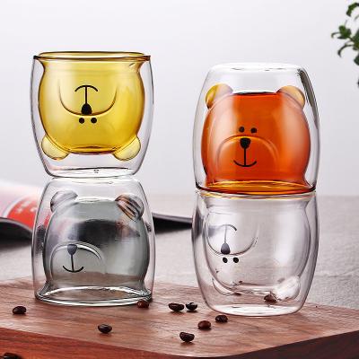 China Home Glass Mug Bear Juice Milk Cups Drinking Cute Coffee Amber Green Pink Transparent Cartoon Traditional Double Wall for sale