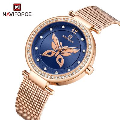 China Full Calendar Naviforce 5018 Milan Stainless Steel Watch Band With Diamond Butterfly Pattern 3ATM Waterproof Quartz Ladies Watch for sale