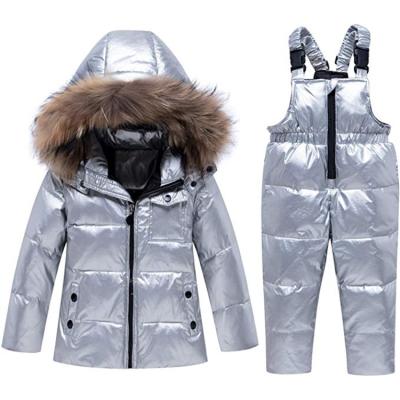 China Breathable Winter Down Hooded Silver Children's Snowpants Jacket And Ski Suit Set for sale