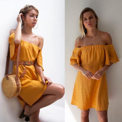 China Summer women off shoulder golden dress for sale