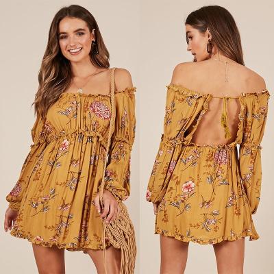 China Boho Summer Printed Mustard Floral Mini Women Casual Dresses for sale