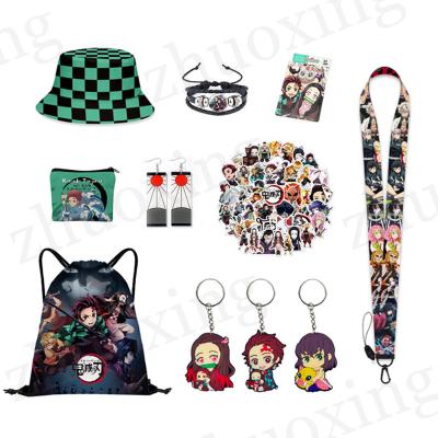 China Modern Anime Demon Slayer Set Cartoon Kamado Tanjirou Backpack Hat Lanyard Keychain Bracelet Wallets Earing Sticker for sale