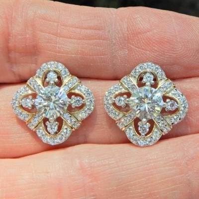 China Vintage Vintage Moissanite 10k White Gold Jewelry 1.92TC Round Women's Two Tone Moissanite Stud Earrings for sale