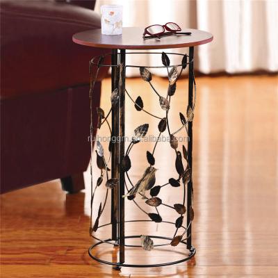 China RH-4648 Coffee Table Metal Circle Pattern Accent End Table Or Bird Wood Top Barrel Around Sofa Side Table for sale