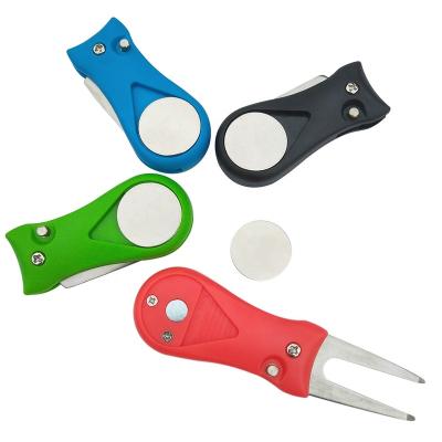 China Stainless Steel+ABS Foldable Golf Digging Marker Golf Digging Tool Repair Knockout Tool with Auto Button and Magnetic Ball Marker for sale